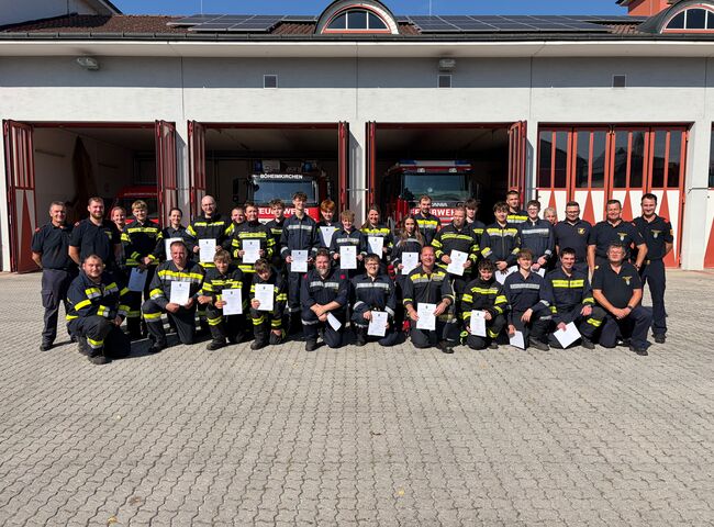 Eine Gruppe von Feuerwehrleuten hält stolz ihre Zertifikate vor der Feuerwache in Böheimkirchen.