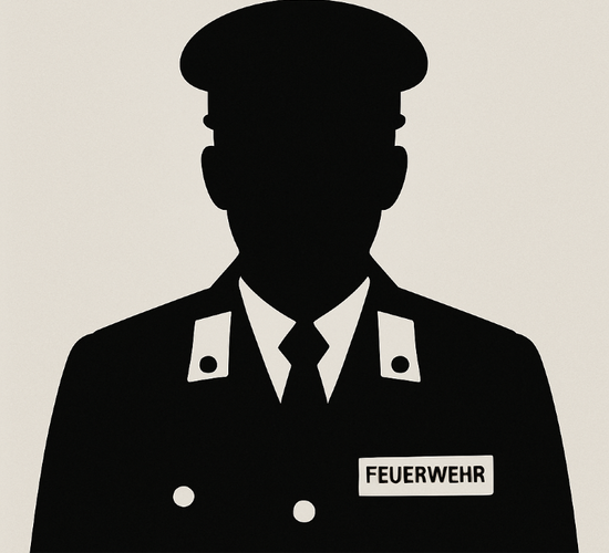 Silhouette eines Brustportraits eines österreichischen Feuerwehrmannes / einer Feuerwehrfrau. Trägt die braune österreichische Feuerwehr-Ausgangsuniform (Uniform A, braune Jacke). Einfacher, neutraler Hintergrund. Generischer Platzhalter-Stil, respektvoll